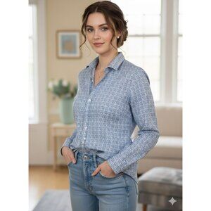 Frank & Eileen Womens M Barry Blue Floral Print Button-Up Shirt Poplin Cotton EU